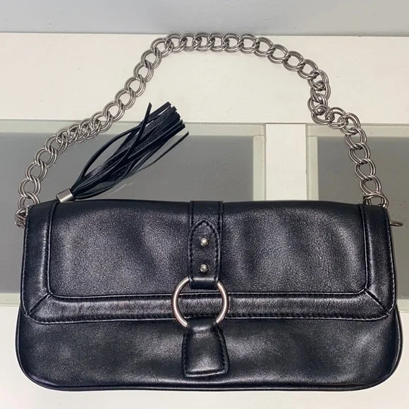 Express Black Genuine Leather Chain Tassel Shoulder Purse - Picture 12 of 15